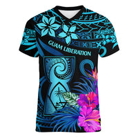 Polynesian Guam Women V Neck T Shirt With Latte Stone Happy Liberation Day LT9 Female Blue - Polynesian Pride