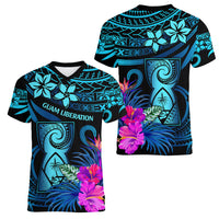 Polynesian Guam Women V Neck T Shirt With Latte Stone Happy Liberation Day LT9 - Polynesian Pride