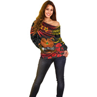 PNG Remembrance Day Off Shoulder Sweater Polynesian Tribal and Poppy LT9 - Polynesian Pride