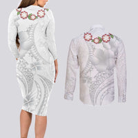 Manuia le Aso Sa o Tamaiti Tonga Couples Matching Long Sleeve Bodycon Dress and Long Sleeve Button Shirt White Sunday Heilala Lei