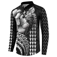 Hawaiian Sea Turtle Button Sweatshirt Black Hibiscus Flowers and Kakau Pattern