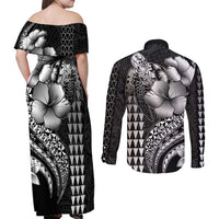 Hawaiian Sea Turtle Couples Matching Off Shoulder Maxi Dress and Long Sleeve Button Shirt Black Hibiscus Flowers and Kakau Pattern