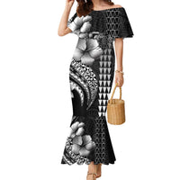 Hawaiian Sea Turtle Family Matching Mermaid Dress and Hawaiian Shirt Black Hibiscus Flowers and Kakau Pattern