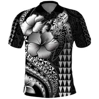 Hawaiian Sea Turtle Polo Shirt Black Hibiscus Flowers and Kakau Pattern