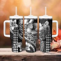 Hawaiian Sea Turtle Tumbler With Handle Black Hibiscus Flowers and Kakau Pattern