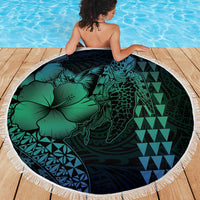 Hawaiian Sea Turtle Beach Blanket Blue Hibiscus Flowers and Kakau Pattern