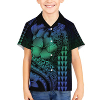 Hawaiian Sea Turtle Family Matching Off The Shoulder Long Sleeve Dress and Hawaiian Shirt Blue Hibiscus Flowers and Kakau Pattern