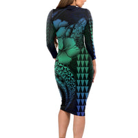 Hawaiian Sea Turtle Long Sleeve Bodycon Dress Blue Hibiscus Flowers and Kakau Pattern