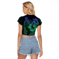 Hawaiian Sea Turtle Raglan Cropped T Shirt Blue Hibiscus Flowers and Kakau Pattern