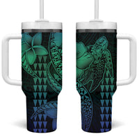 Hawaiian Sea Turtle Tumbler With Handle Blue Hibiscus Flowers and Kakau Pattern LT9 One Size: 40 oz Blue - Polynesian Pride