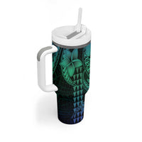 Hawaiian Sea Turtle Tumbler With Handle Blue Hibiscus Flowers and Kakau Pattern LT9 - Polynesian Pride