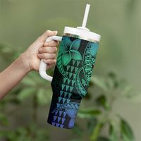 Hawaiian Sea Turtle Tumbler With Handle Blue Hibiscus Flowers and Kakau Pattern LT9 - Polynesian Pride