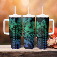 Hawaiian Sea Turtle Tumbler With Handle Blue Hibiscus Flowers and Kakau Pattern LT9 - Polynesian Pride