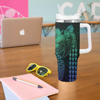 Hawaiian Sea Turtle Tumbler With Handle Blue Hibiscus Flowers and Kakau Pattern LT9 - Polynesian Pride