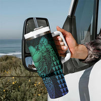 Hawaiian Sea Turtle Tumbler With Handle Blue Hibiscus Flowers and Kakau Pattern LT9 - Polynesian Pride