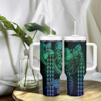 Hawaiian Sea Turtle Tumbler With Handle Blue Hibiscus Flowers and Kakau Pattern LT9 - Polynesian Pride