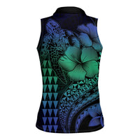 Hawaiian Sea Turtle Women Sleeveless Polo Shirt Blue Hibiscus Flowers and Kakau Pattern
