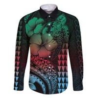 Hawaiian Sea Turtle Family Matching Off The Shoulder Long Sleeve Dress and Hawaiian Shirt Green Hibiscus Flowers and Kakau Pattern