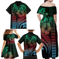 Hawaiian Sea Turtle Family Matching Off Shoulder Maxi Dress and Hawaiian Shirt Green Hibiscus Flowers and Kakau Pattern