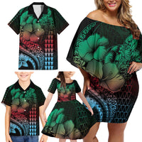 Hawaiian Sea Turtle Family Matching Off Shoulder Short Dress and Hawaiian Shirt Green Hibiscus Flowers and Kakau Pattern