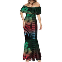 Hawaiian Sea Turtle Mermaid Dress Green Hibiscus Flowers and Kakau Pattern