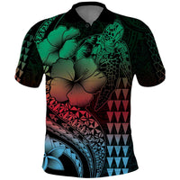 Hawaiian Sea Turtle Polo Shirt Green Hibiscus Flowers and Kakau Pattern