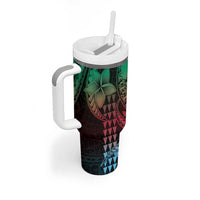 Hawaiian Sea Turtle Tumbler With Handle Green Hibiscus Flowers and Kakau Pattern LT9 - Polynesian Pride