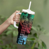 Hawaiian Sea Turtle Tumbler With Handle Green Hibiscus Flowers and Kakau Pattern LT9 - Polynesian Pride