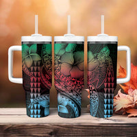 Hawaiian Sea Turtle Tumbler With Handle Green Hibiscus Flowers and Kakau Pattern LT9 - Polynesian Pride