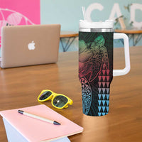 Hawaiian Sea Turtle Tumbler With Handle Green Hibiscus Flowers and Kakau Pattern LT9 - Polynesian Pride