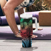 Hawaiian Sea Turtle Tumbler With Handle Green Hibiscus Flowers and Kakau Pattern LT9 - Polynesian Pride