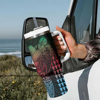 Hawaiian Sea Turtle Tumbler With Handle Green Hibiscus Flowers and Kakau Pattern LT9 - Polynesian Pride