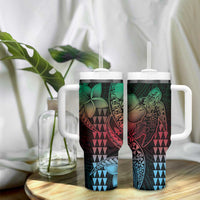 Hawaiian Sea Turtle Tumbler With Handle Green Hibiscus Flowers and Kakau Pattern LT9 - Polynesian Pride