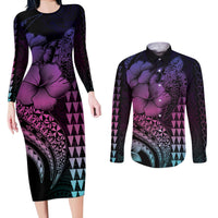 Hawaiian Sea Turtle Couples Matching Long Sleeve Bodycon Dress and Long Sleeve Button Shirt Pink Hibiscus Flowers and Kakau Pattern