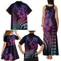 Hawaiian Sea Turtle Family Matching Tank Maxi Dress and Hawaiian Shirt Pink Hibiscus Flowers and Kakau Pattern