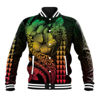 Hawaiian Sea Turtle Baseball Jacket Reggae Hibiscus Flowers and Kakau Pattern