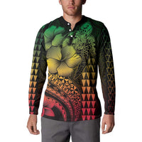 Hawaiian Sea Turtle Button Sweatshirt Reggae Hibiscus Flowers and Kakau Pattern