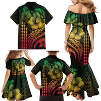 Hawaiian Sea Turtle Family Matching Mermaid Dress and Hawaiian Shirt Reggae Hibiscus Flowers and Kakau Pattern