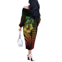 Hawaiian Sea Turtle Off The Shoulder Long Sleeve Dress Reggae Hibiscus Flowers and Kakau Pattern