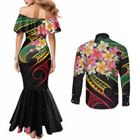 Kiribati Red Jasmine Mango Couples Matching Mermaid Dress and Long Sleeve Button Shirt Reggae Polynesian Art Vibe LT9 - Polynesian Pride