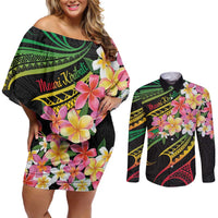 Kiribati Red Jasmine Mango Couples Matching Off Shoulder Short Dress and Long Sleeve Button Shirt Reggae Polynesian Art Vibe LT9 Reggae - Polynesian Pride