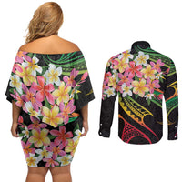 Kiribati Red Jasmine Mango Couples Matching Off Shoulder Short Dress and Long Sleeve Button Shirt Reggae Polynesian Art Vibe LT9 - Polynesian Pride
