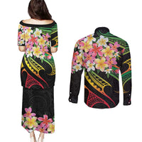 Kiribati Red Jasmine Mango Couples Matching Puletasi and Long Sleeve Button Shirt Reggae Polynesian Art Vibe LT9 - Polynesian Pride