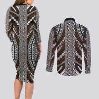 Brown Tongan Polynesian Tribal Couples Matching Long Sleeve Bodycon Dress and Long Sleeve Button Shirt LT9 - Polynesian Pride