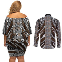 Brown Tongan Polynesian Tribal Couples Matching Off Shoulder Short Dress and Long Sleeve Button Shirt LT9 - Polynesian Pride