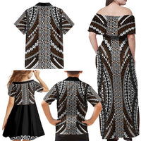 Brown Tongan Polynesian Tribal Family Matching Off Shoulder Maxi Dress and Hawaiian Shirt - Polynesian Pride