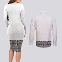 Light Gray Tongan Polynesian Tribal Couples Matching Long Sleeve Bodycon Dress and Long Sleeve Button Shirt LT9 - Polynesian Pride