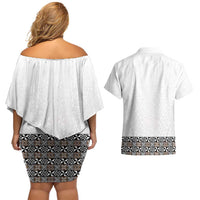 Light Gray Tongan Polynesian Tribal Couples Matching Off Shoulder Short Dress and Hawaiian Shirt LT9 - Polynesian Pride