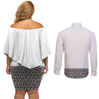Light Gray Tongan Polynesian Tribal Couples Matching Off Shoulder Short Dress and Long Sleeve Button Shirt LT9 - Polynesian Pride