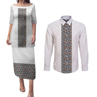 Light Gray Tongan Polynesian Tribal Couples Matching Puletasi and Long Sleeve Button Shirt LT9 White - Polynesian Pride